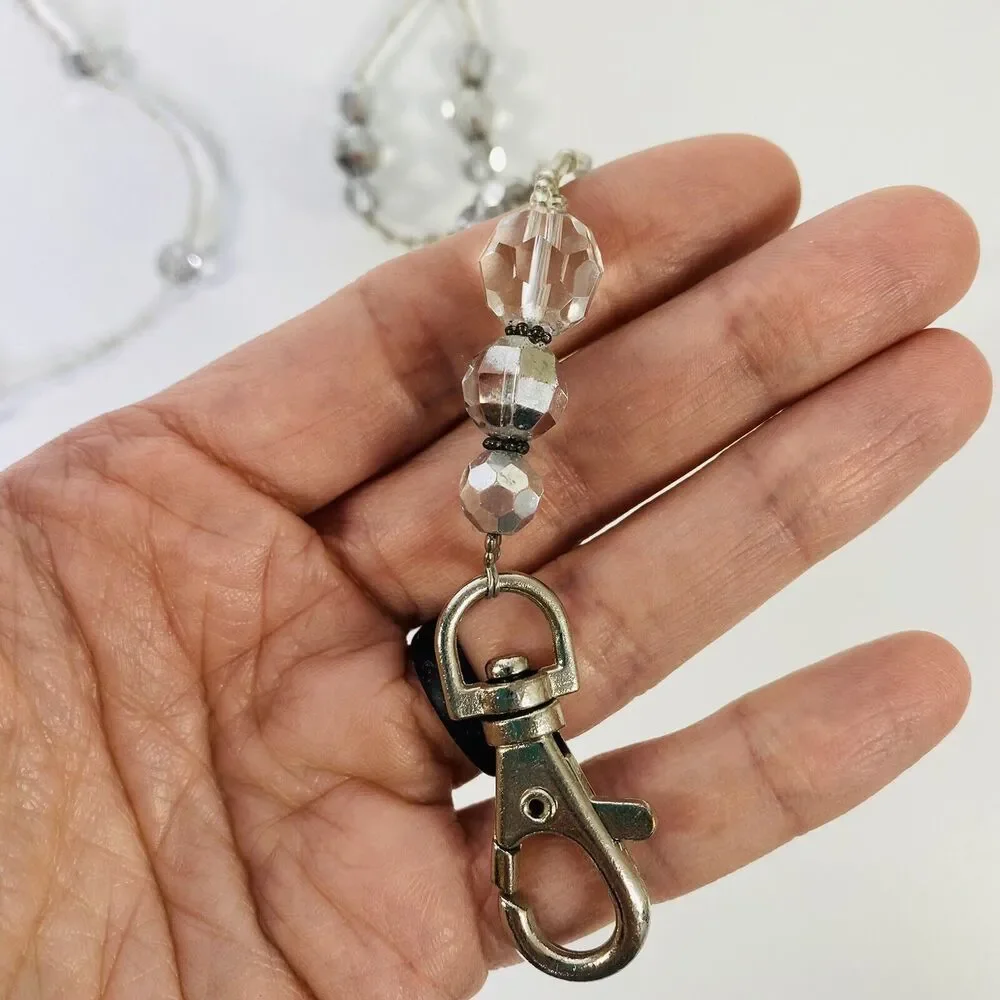 Mixed Beads Badge Name Tag Holder‎ Necklace Clear Sparkle Bling Silver Tone